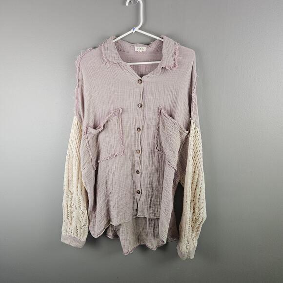 Pol Tops - POL Boho Festival Crotchet Sleeve  Oversized Button Down Top Size S